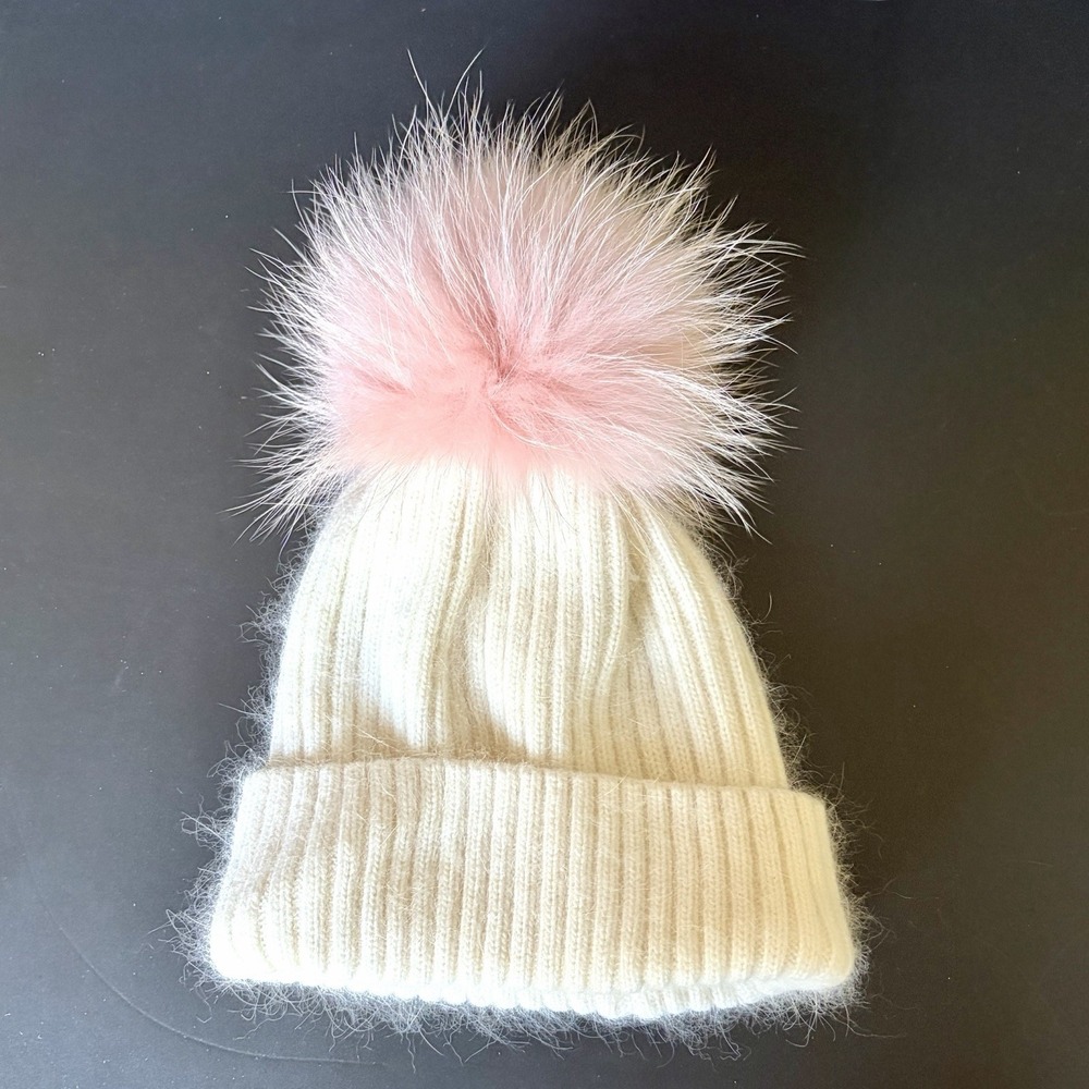 Linda Richard's Fur Beanie Hat Ivory Pink Pom Pom Luxury Mohair Soft Cozy
